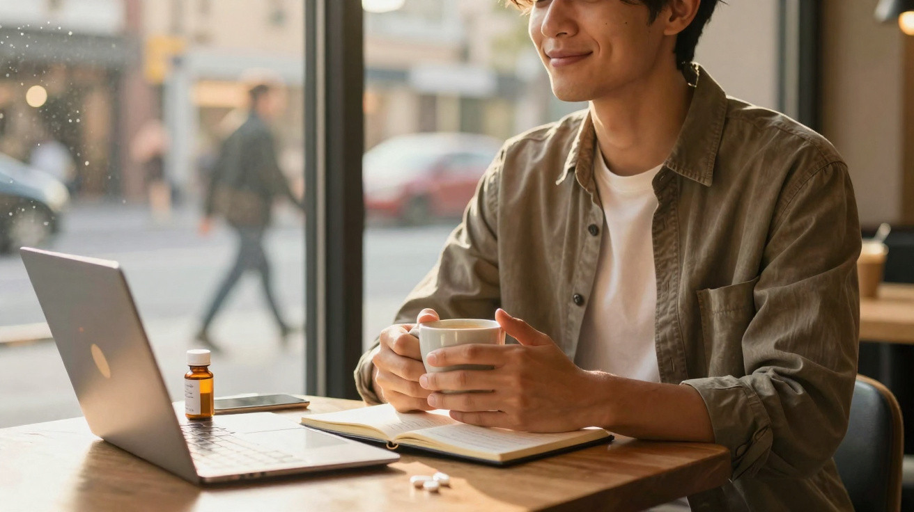 Pessoa jovem sentada numa mesa com portatil, caderno e medicamentos, segurando uma chávena numa cafetaria.