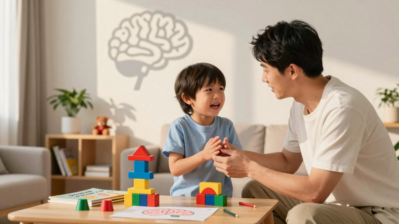 Homem e menino a brincar com blocos de construção e desenhos de cérebro numa sala iluminada.