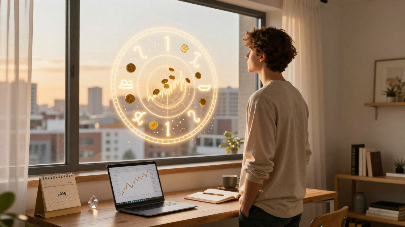 Pessoa a olhar para um gráfico luminoso com signos zodiacais numa janela durante o pôr do sol.