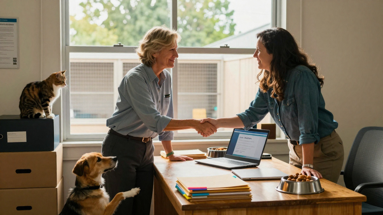 Duas mulheres a apertar as mãos num escritório com um cão e um gato nas proximidades.
