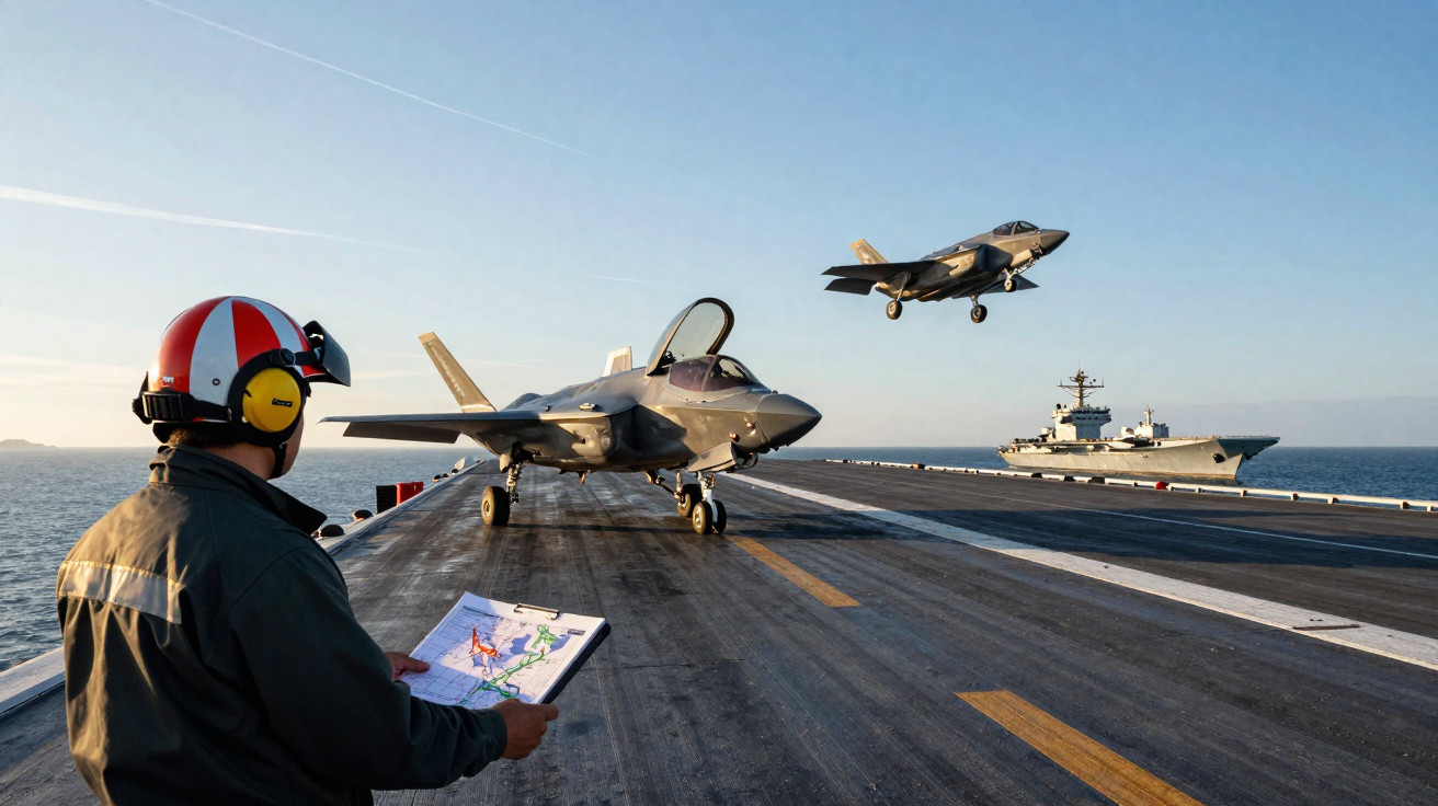 Homem a controlar descolagem de caças F-35 numa porta-aviões no mar durante o dia.