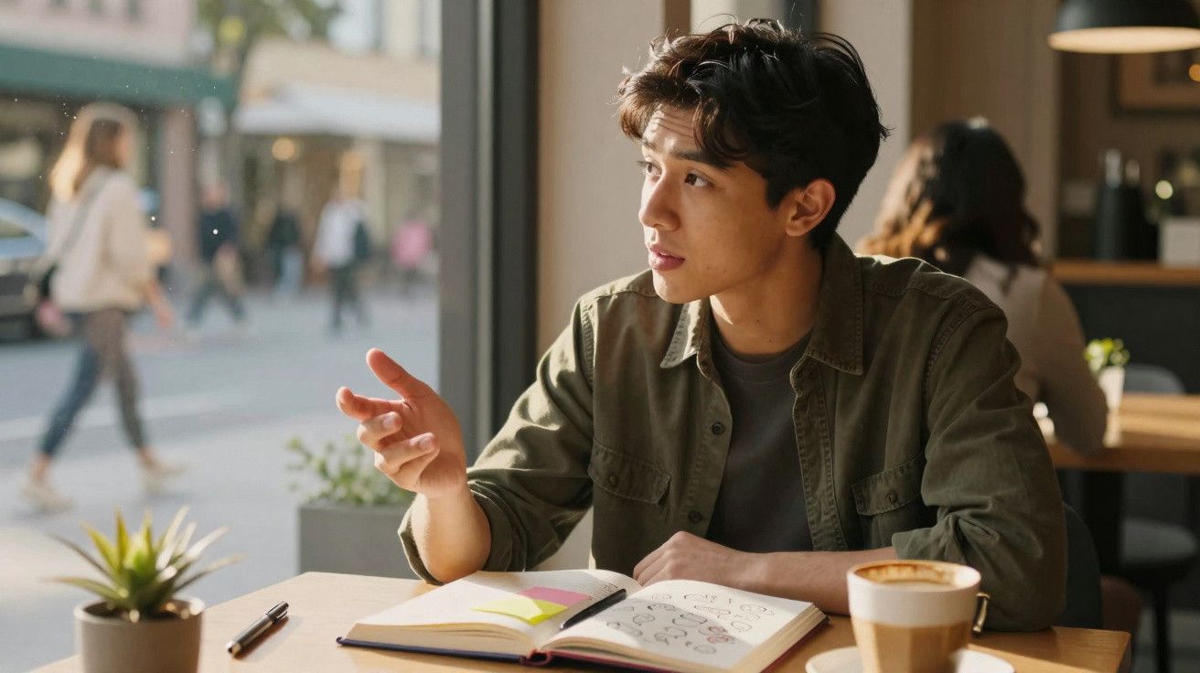 Jovem sentado numa mesa de café, lendo e apontando enquanto conversa, com caderno aberto e café à frente.
