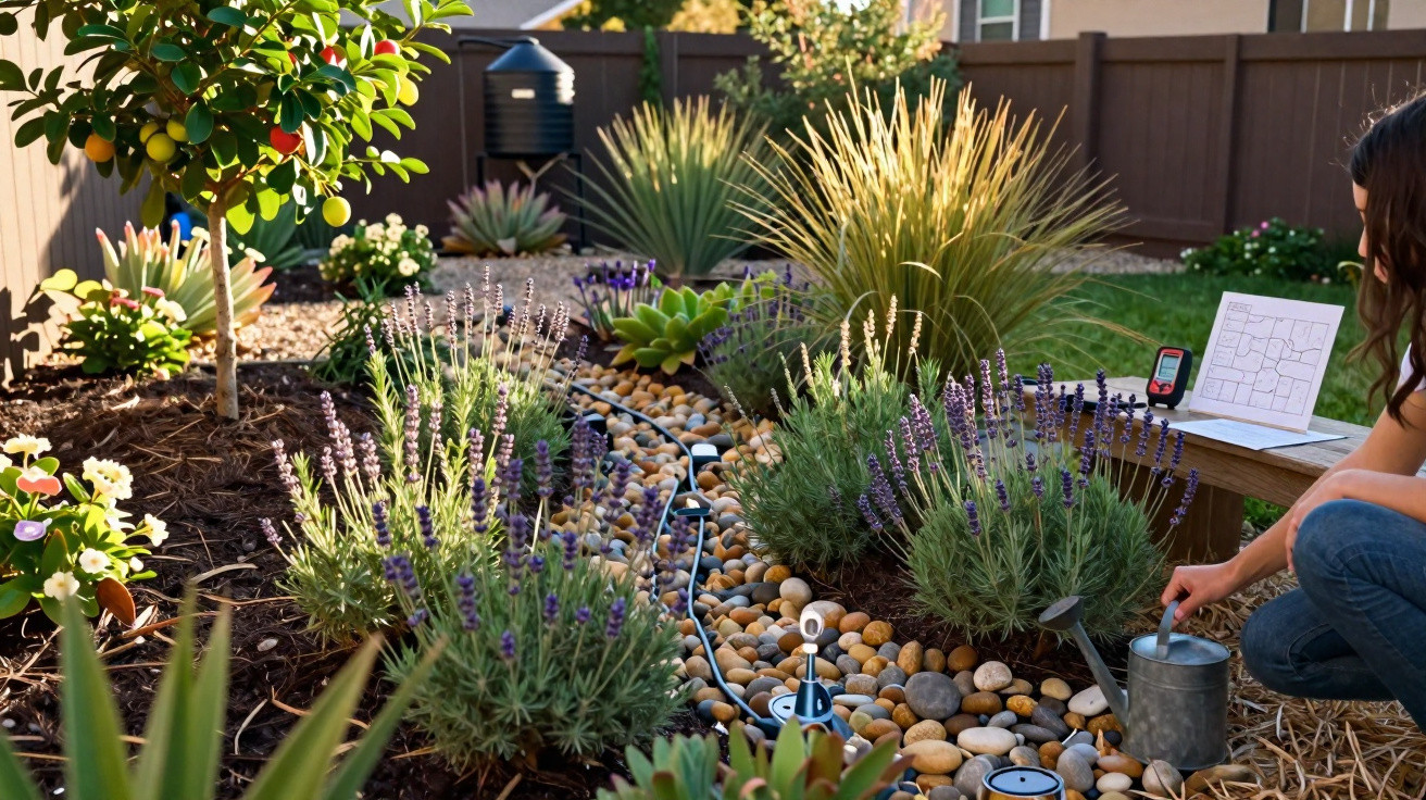 Jardim com plantas aromáticas, calhaus decorativos e pessoa a regar com regador metálico.