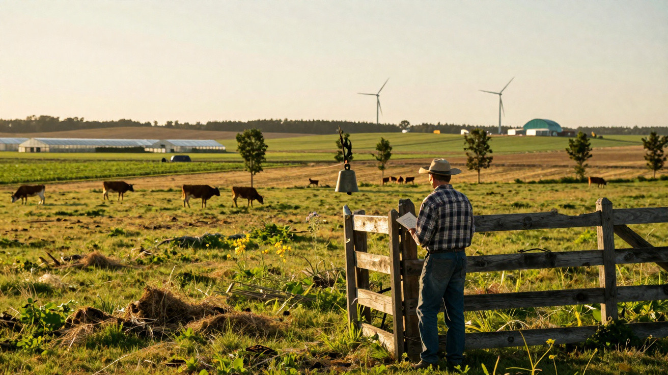 Homem com chapéu e camisa xadrez observa vacas num campo com turbinas eólicas ao fundo ao pôr do sol.