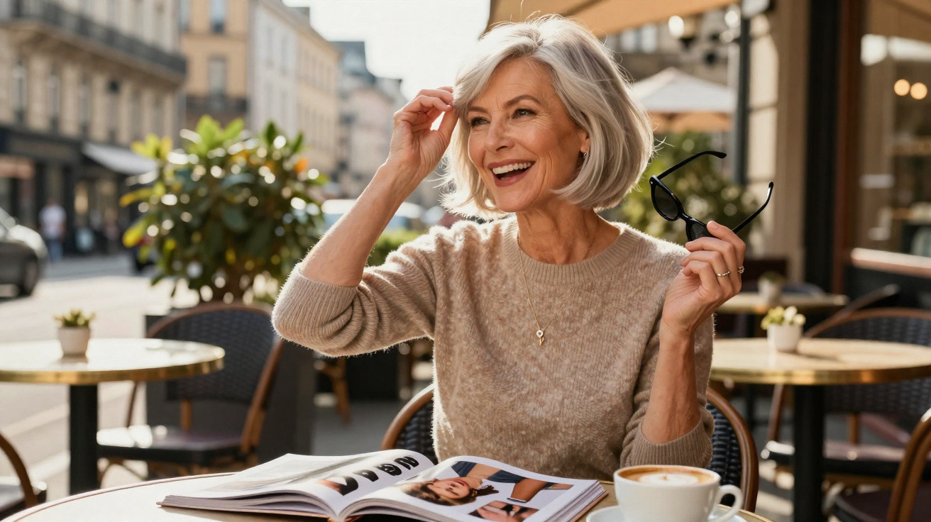 Mulher adulta sorridente com cabelo curto cinza, sentada numa esplanada com revista e café à frente.