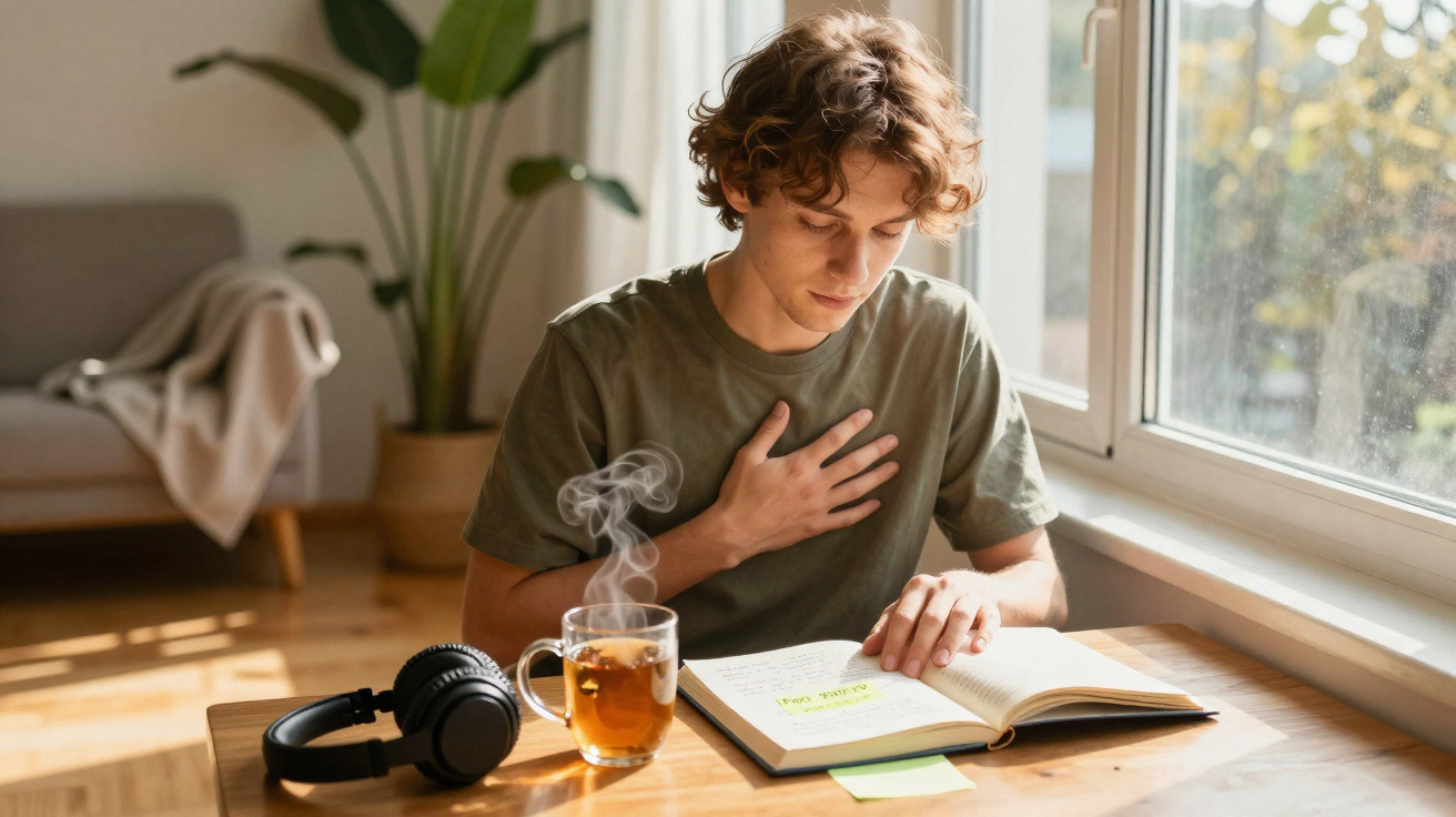 Jovem sentado junto a uma janela lendo um livro, com chá quente e auscultadores numa mesa de madeira.