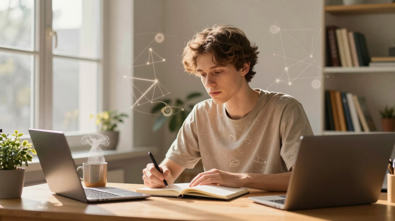 Jovem a estudar e a tomar notas entre dois portáteis, com plantas e luz natural ambiente.