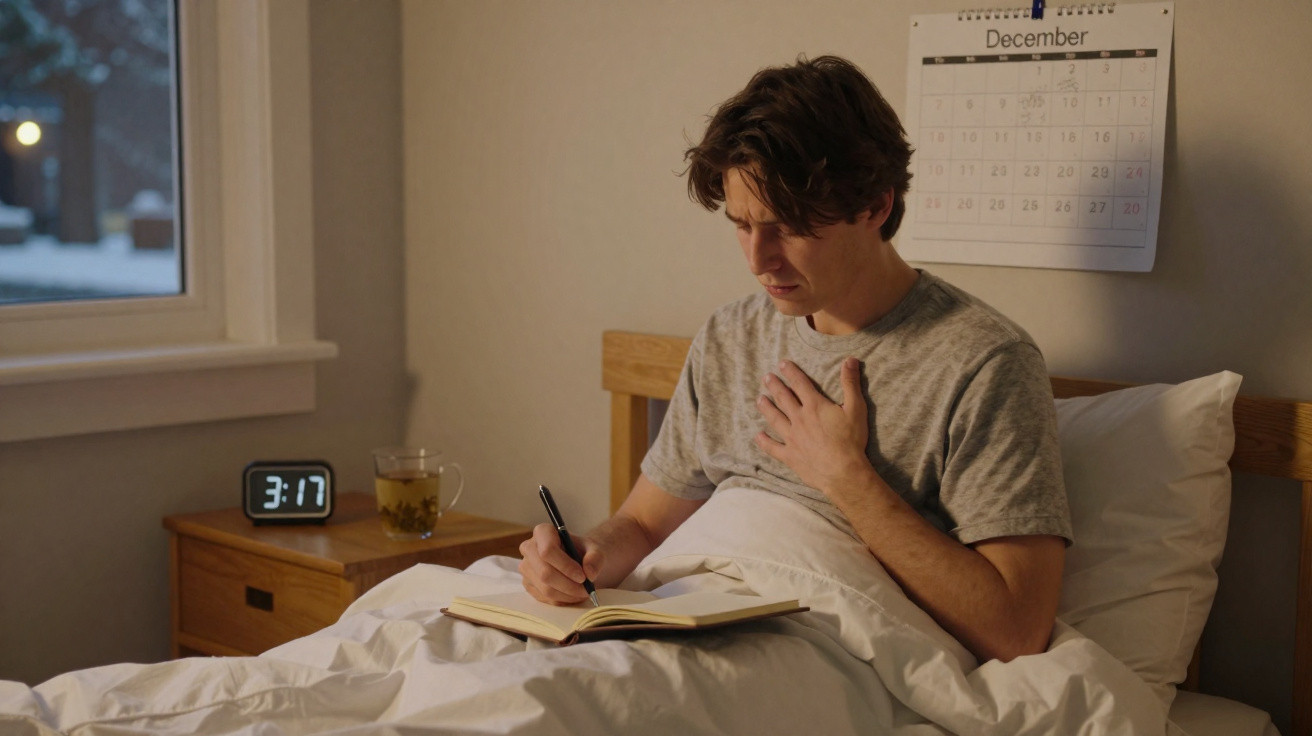 Homem sentado na cama a escrever num caderno, parece aflito, relógio marca 3:17 e calendário mostra dezembro.