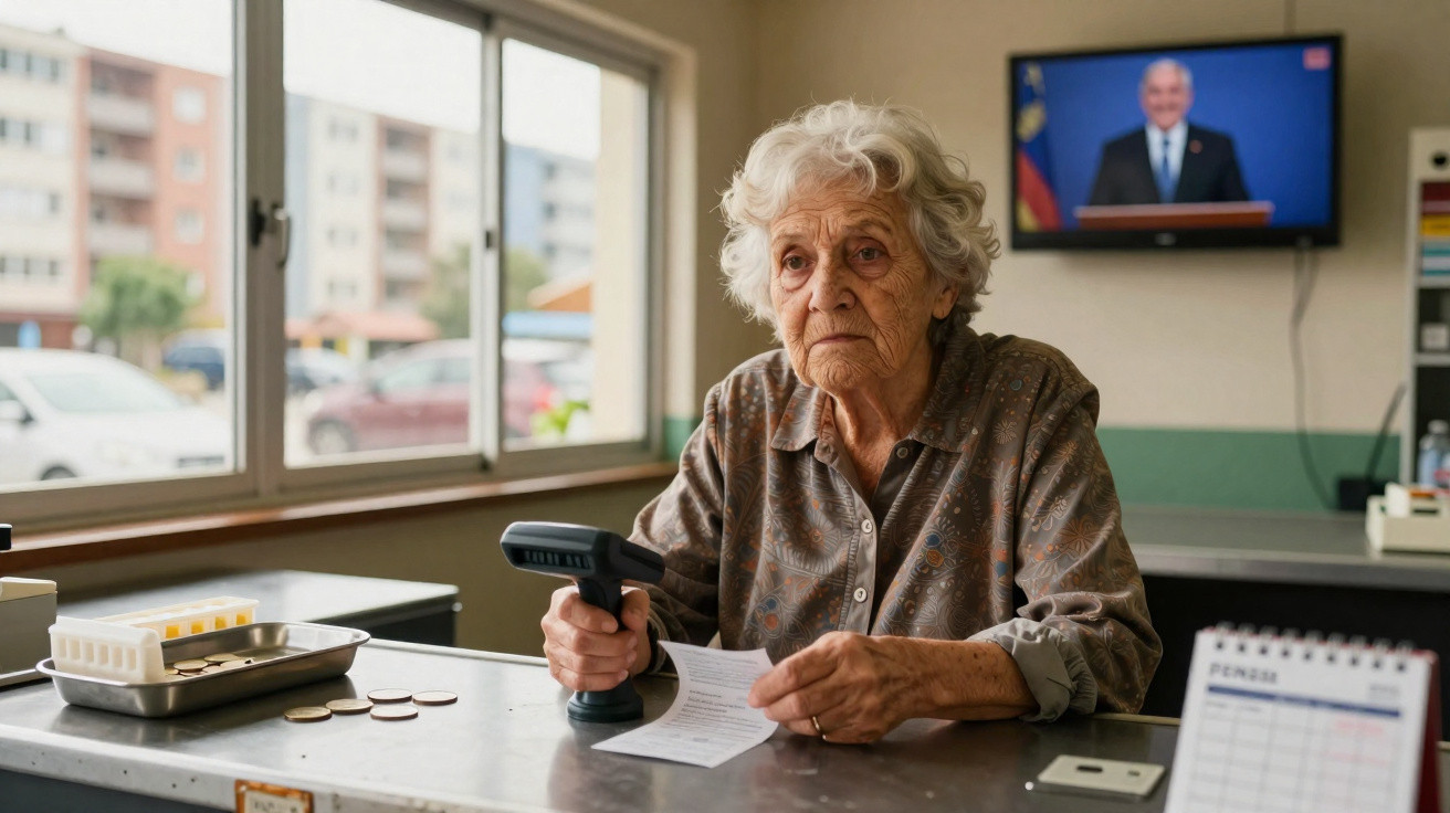 Idosa sentada numa mesa com leitor de código de barras numa mão e papel na outra, num ambiente interior.