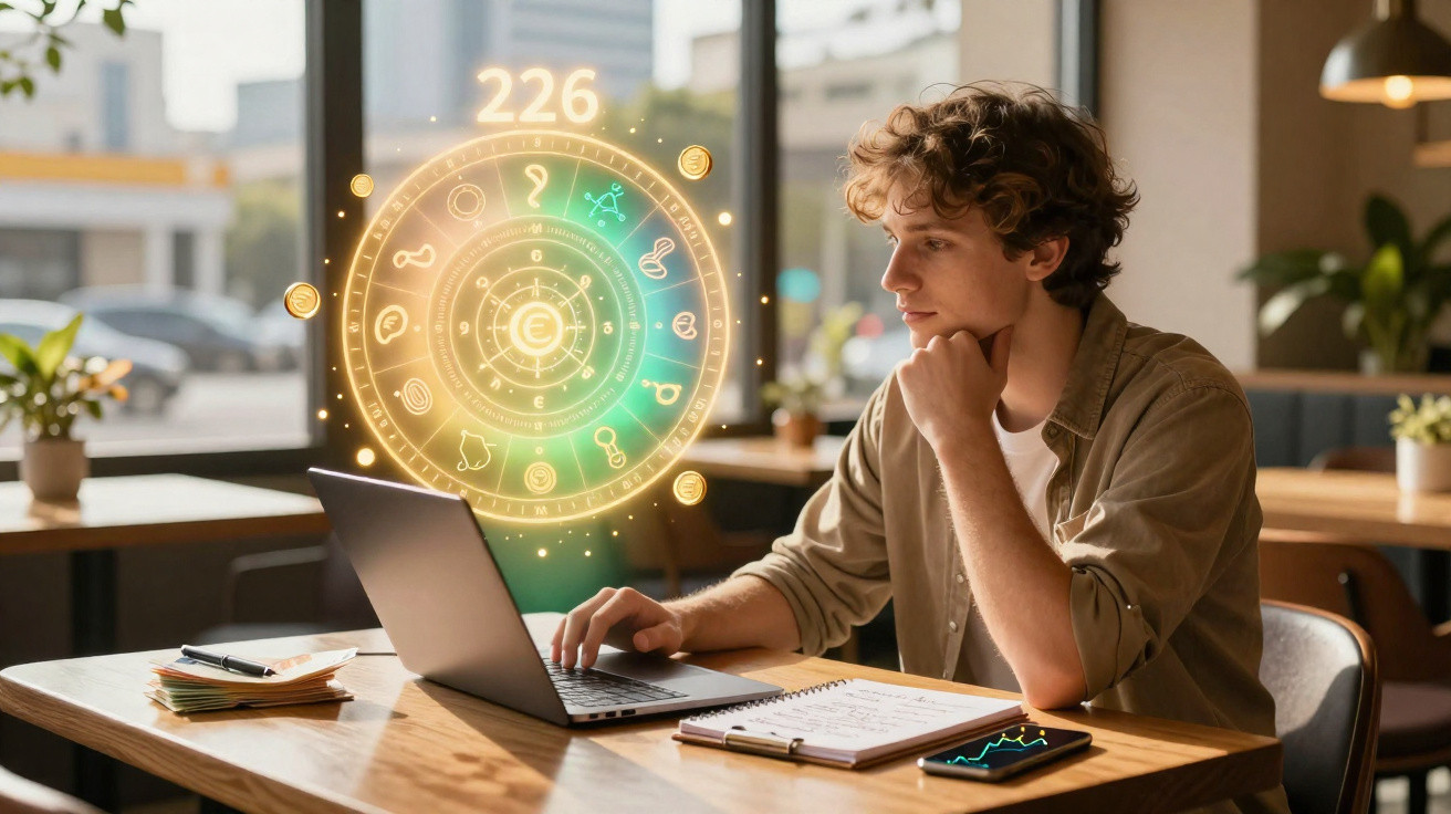 Jovem sentado à mesa a usar computador portátil com gráficos e símbolos astrológicos digitais flutuantes.