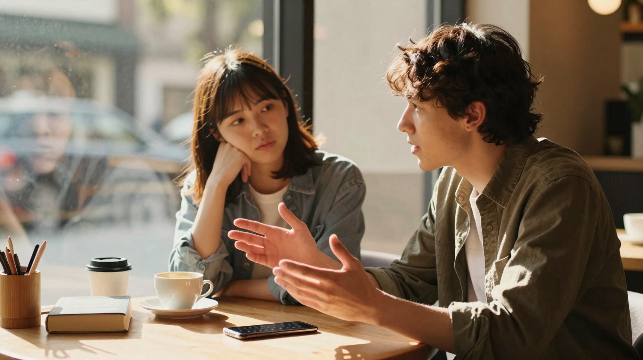 Duas pessoas sentadas numa mesa de café, com uma a falar e outra a ouvir atentamente.