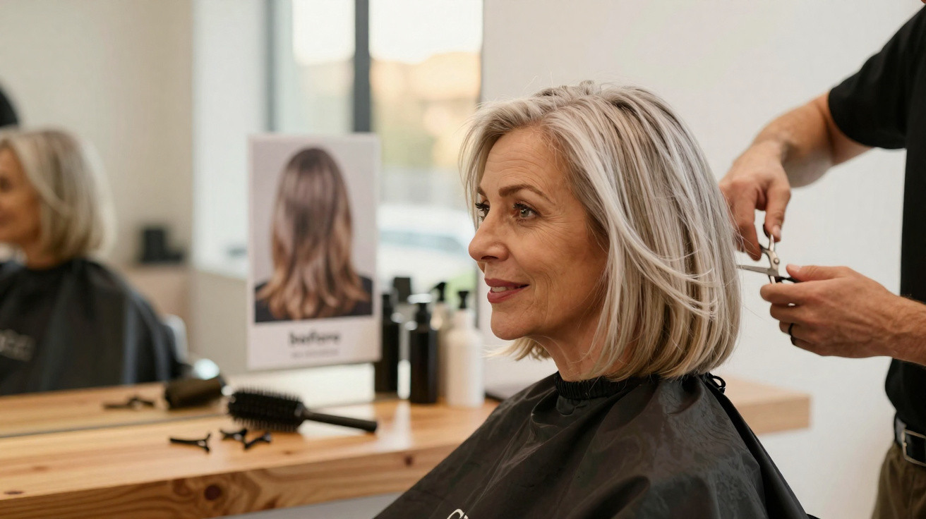 Mulher de cabelo cinza a sorrir enquanto corta o cabelo num salão de cabeleireiro.