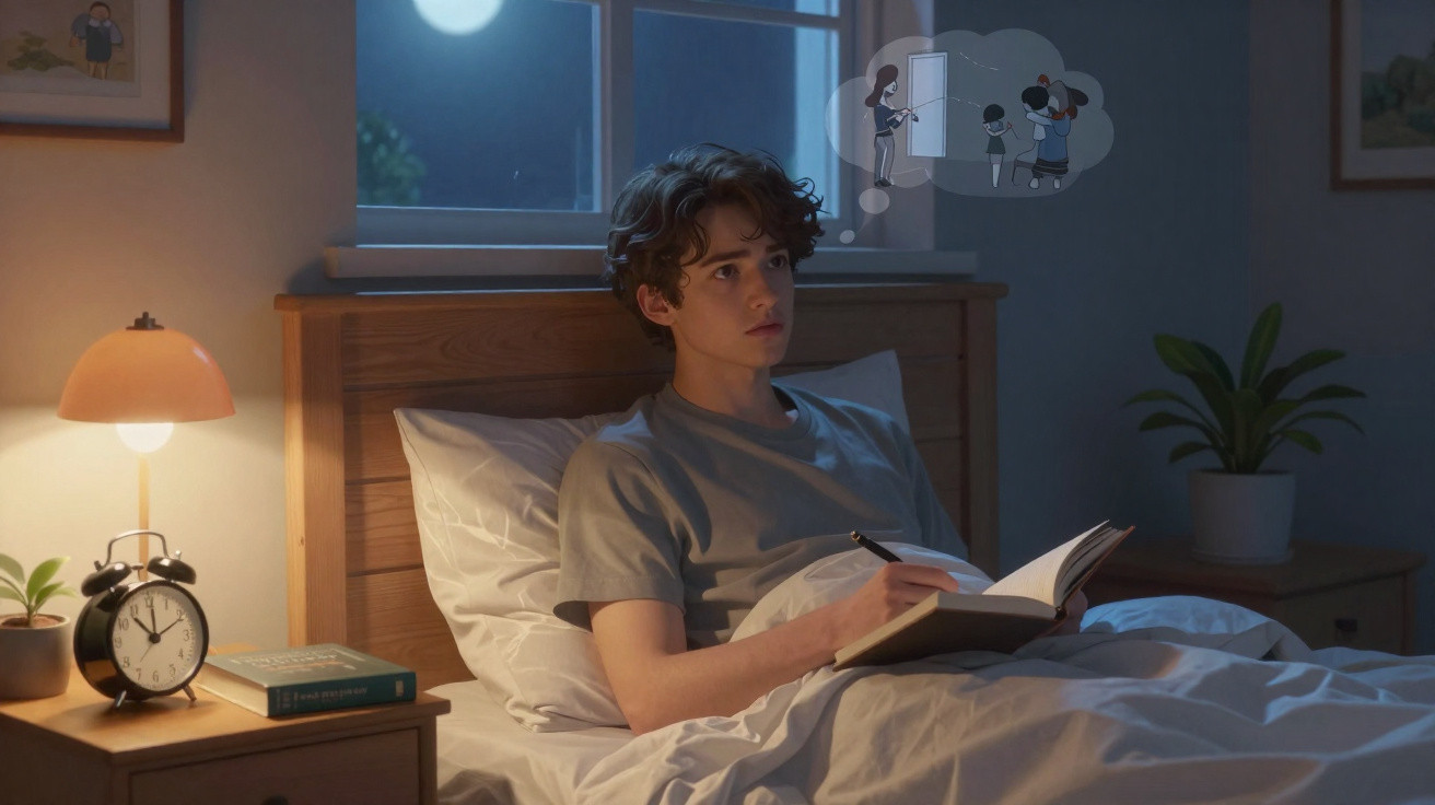 Rapaz deitado na cama à noite, escrevendo num caderno, a imaginar uma cena familiar feliz.