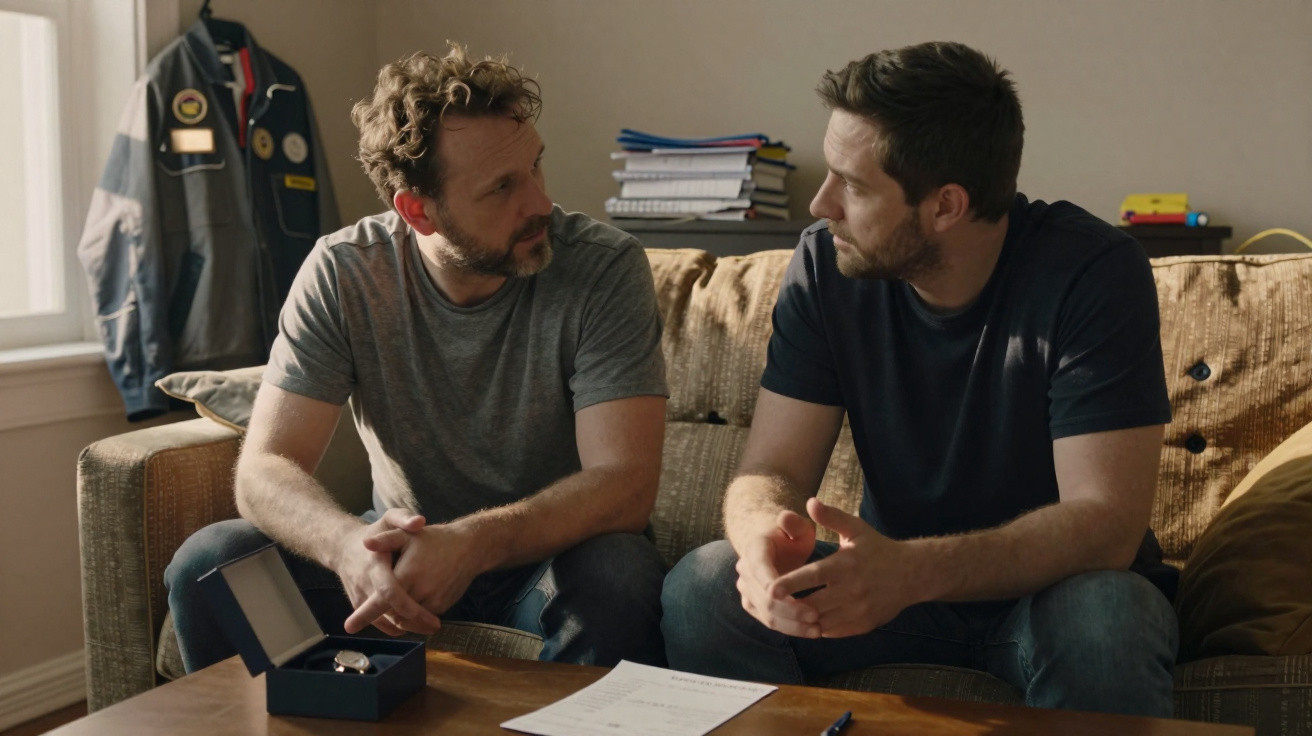 Dois homens sentados no sofá a conversar, com um relógio numa caixa e um documento na mesa.