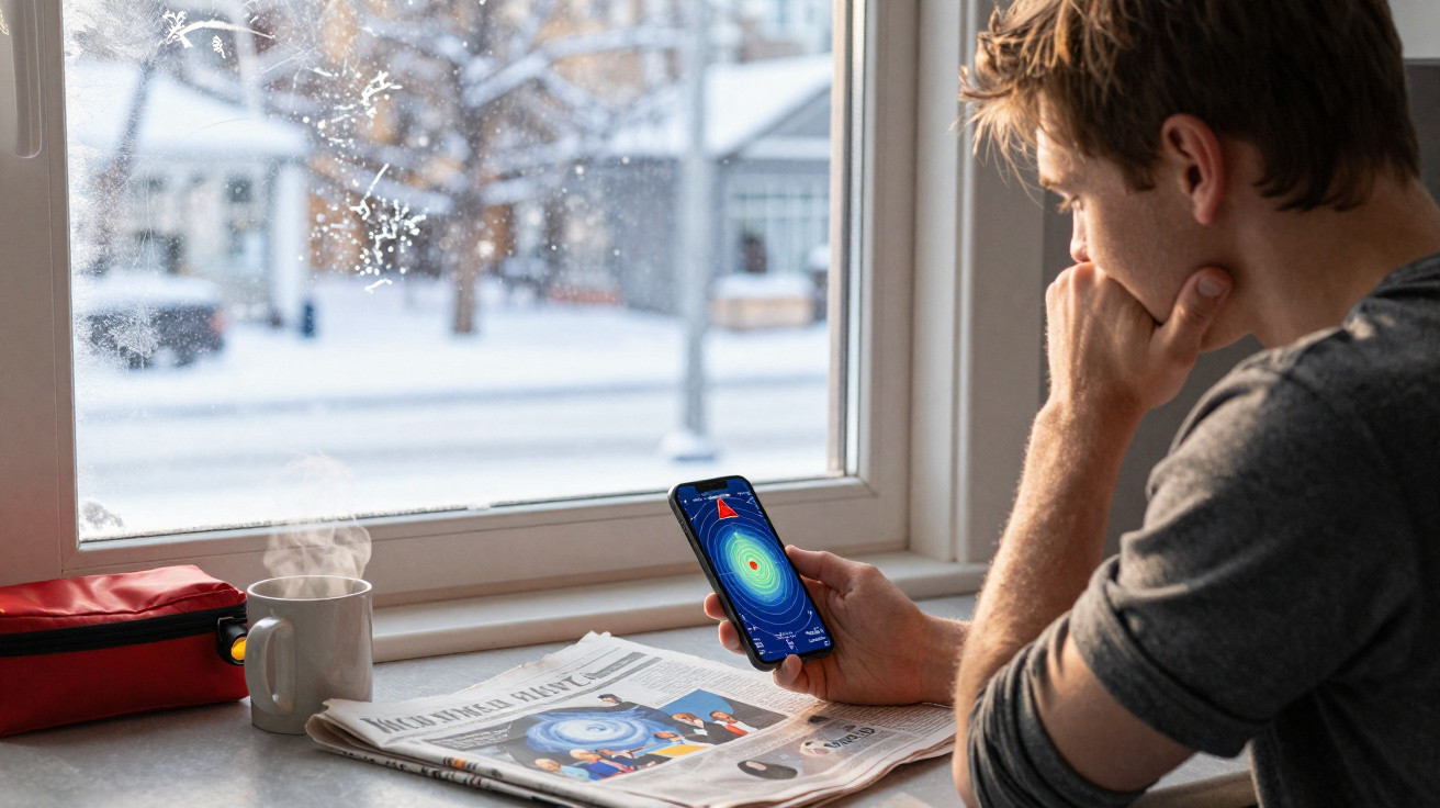Homem sentado à janela com vista de inverno nevada, segurando telemóvel com aplicação aberta.