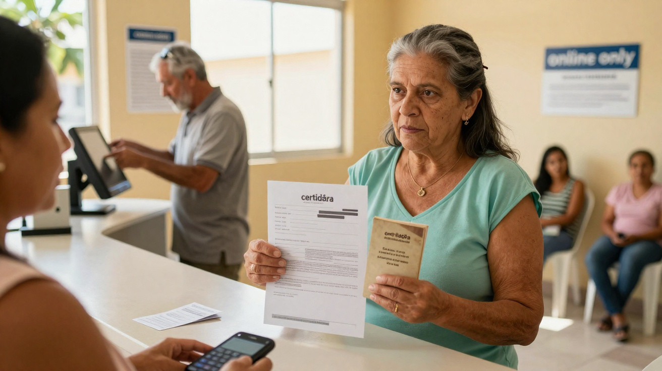 Mulher de meia-idade entrega documentos numa repartição pública com outras pessoas em segundo plano.