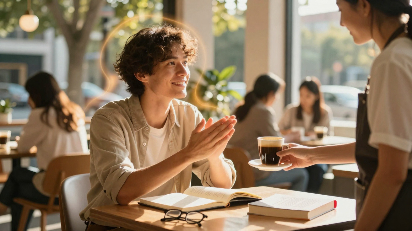 Jovem sorri para empregada enquanto recebe café numa mesa com livros e óculos numa esplanada.