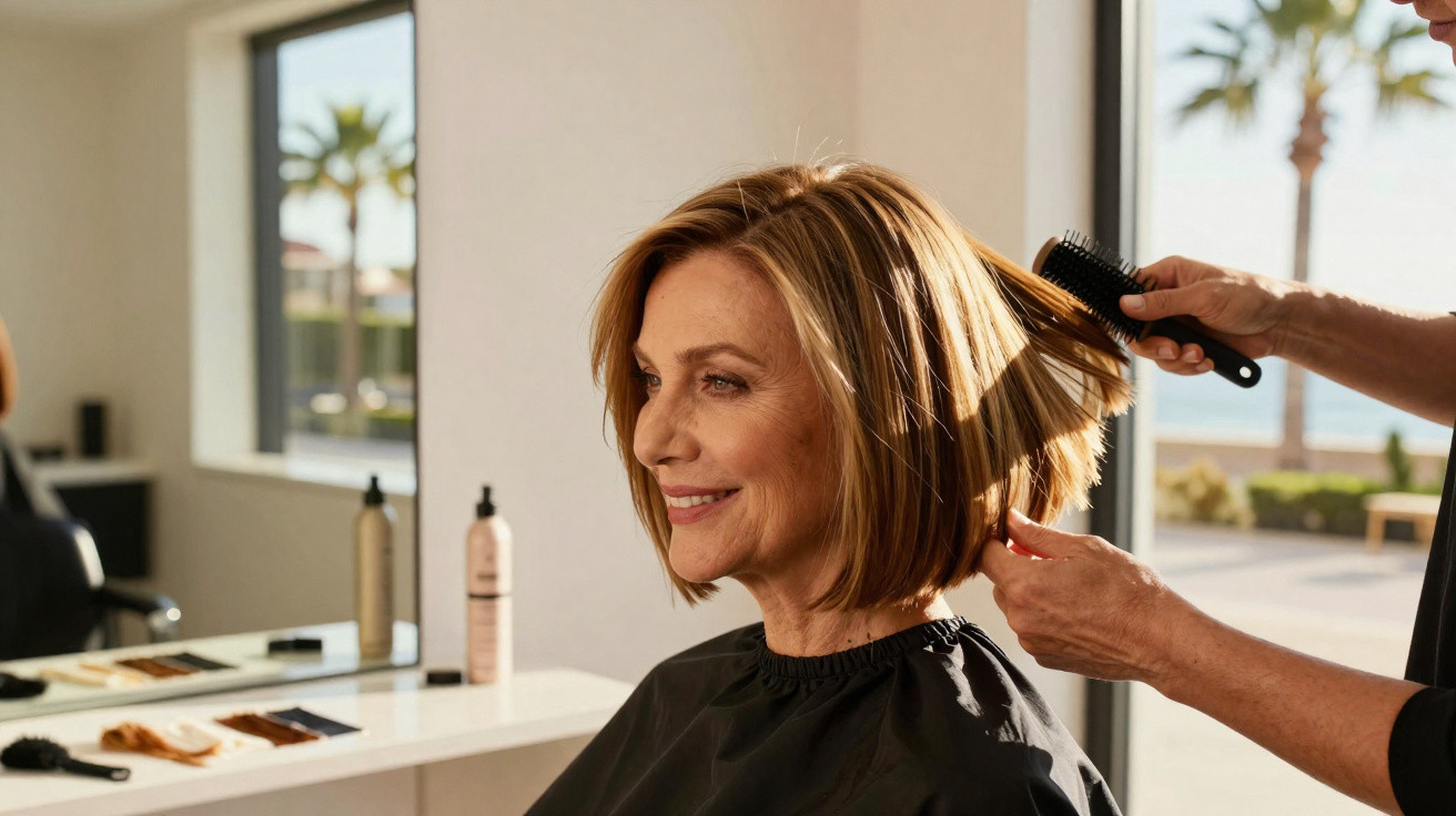 Mulher de cabelo curto a ser penteada num salão de beleza com janela e vista para palmeiras.