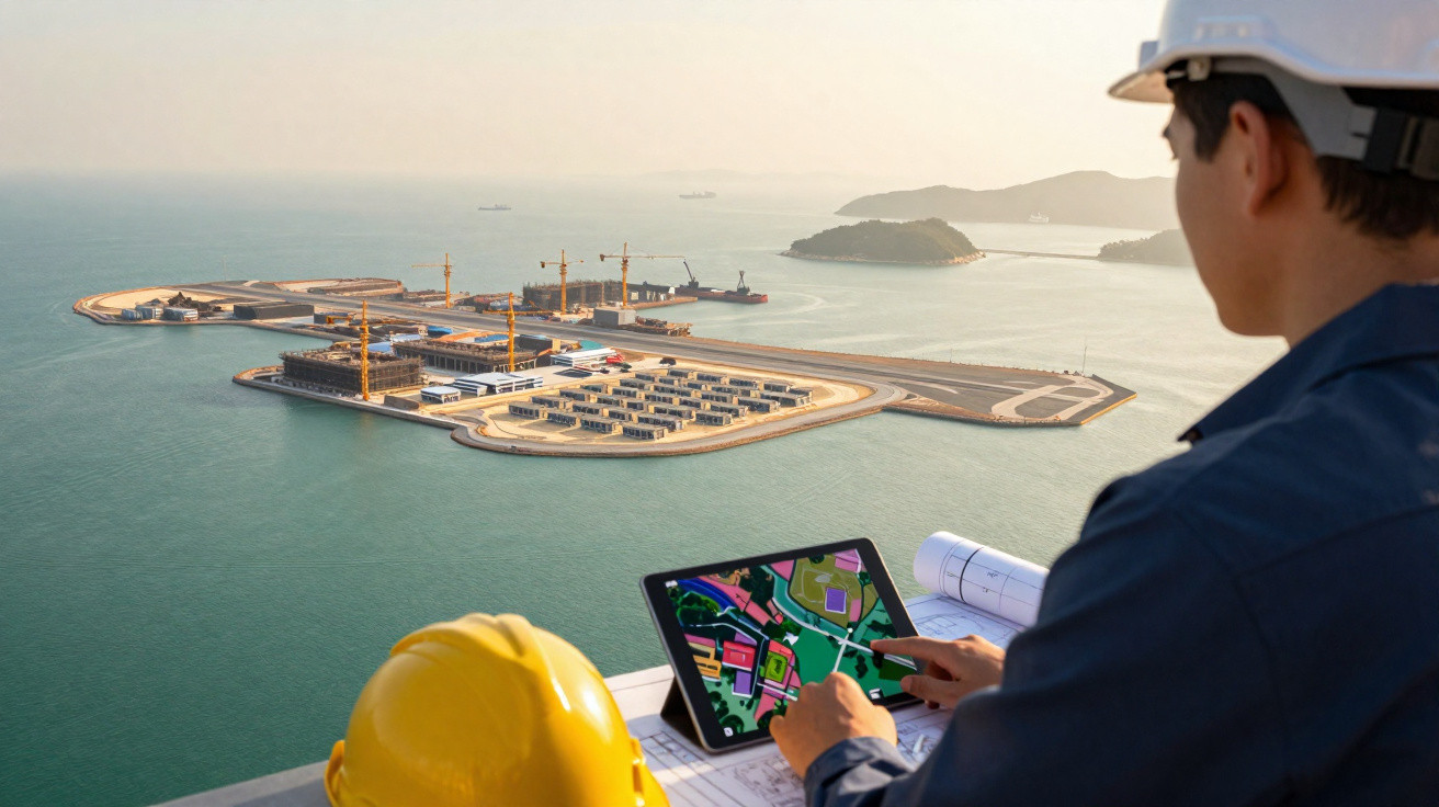 Engenheiro de capacete a analisar projeto numa ilha artificial com gruas e estruturas em construção no mar.