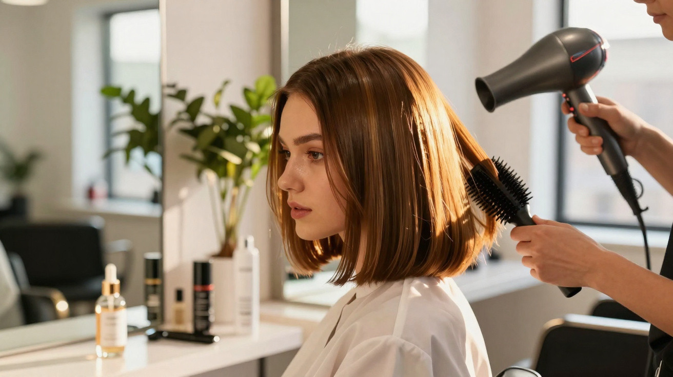 Mulher com cabelo castanho curto a ser seco com secador e escova num cabeleireiro moderno.