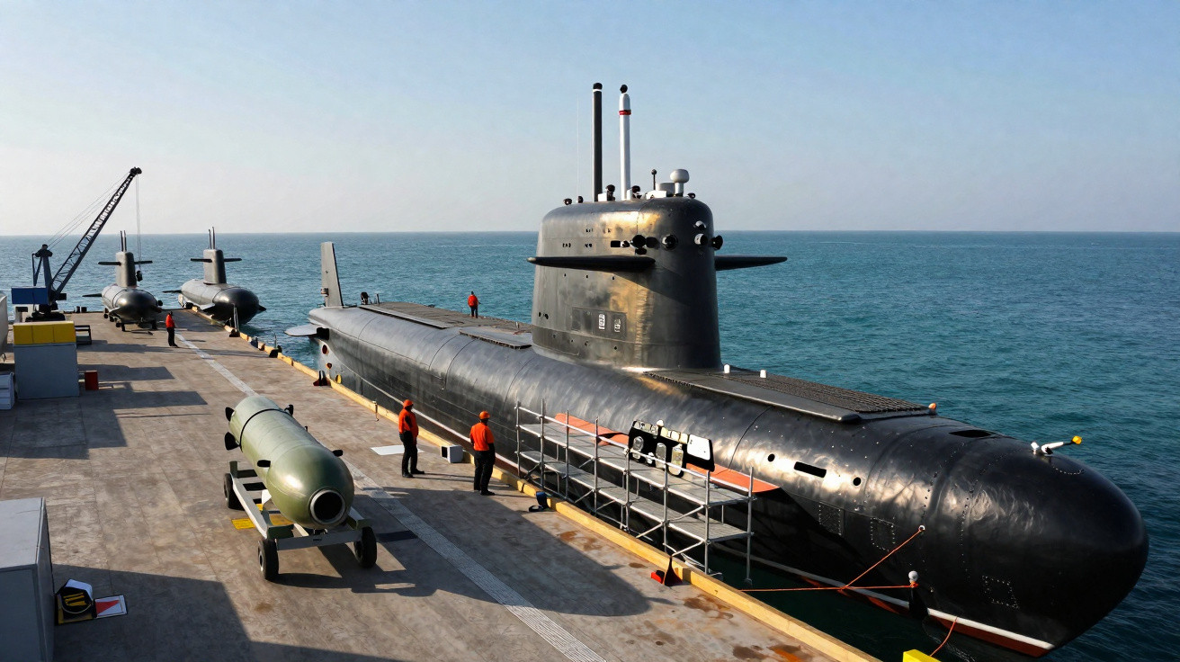 Submarino negro atracado em porto com tripulação e torpedo visível no cais junto ao mar calmo.