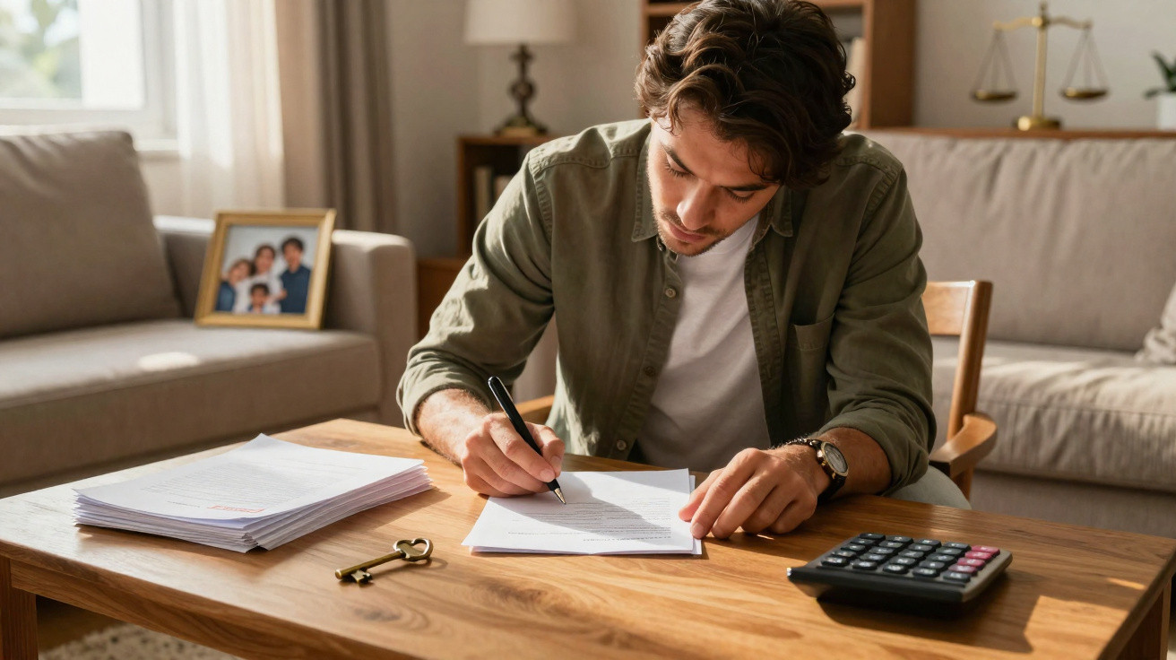 Homem sentado a escrever documentos numa mesa com calculadora, chave e pilha de papéis numa sala iluminada.