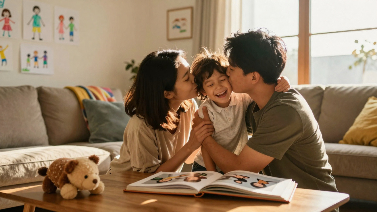 Família feliz, mãe e pai beijam filho sorridente enquanto estão sentados no sofá em sala luminosa.