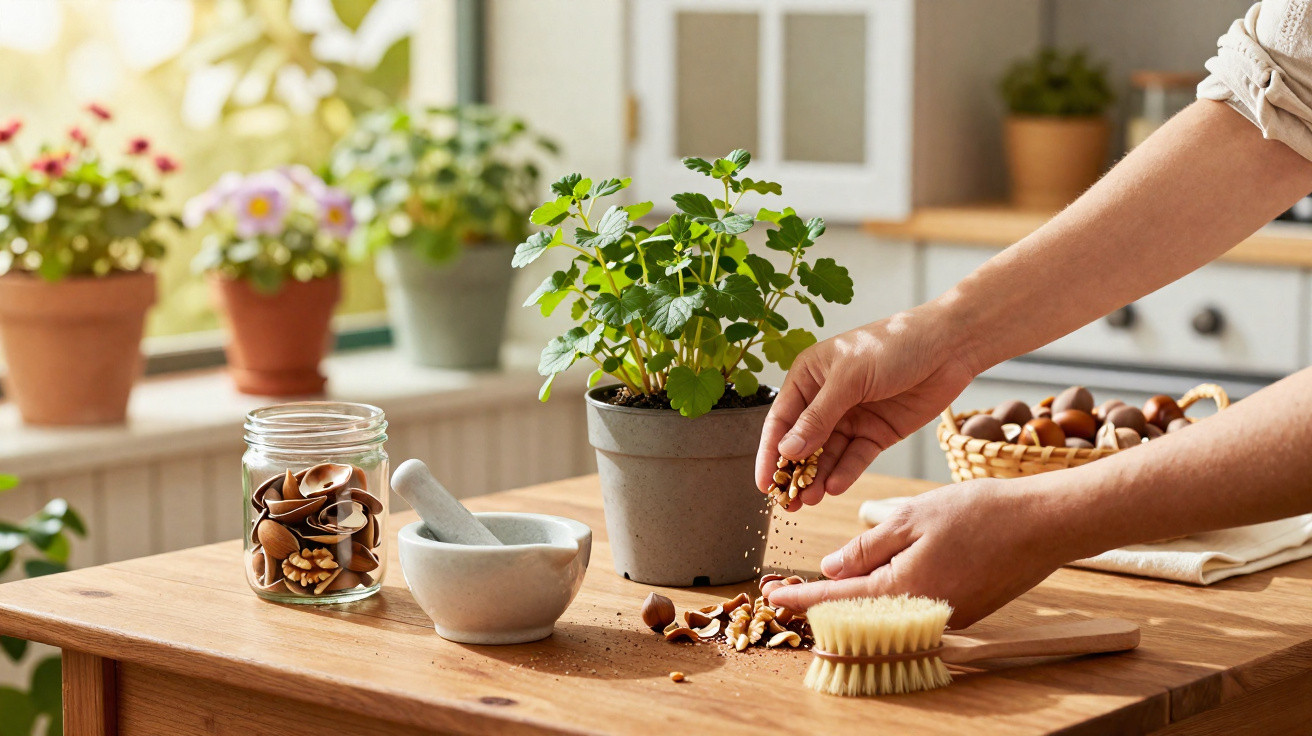 Mãos a partir sementes de noz em vaso na mesa de madeira em cozinha iluminada com plantas e utensílios.