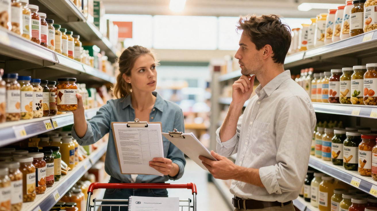 Duas pessoas discutem produtos numa prateleira de supermercado, cada uma com um clipboard na mão.