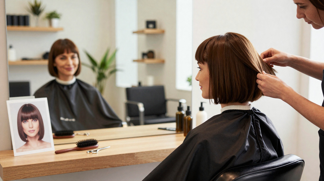 Mulher sentada no cabeleireiro a ver o seu cabelo cortado à altura do queixo num espelho.