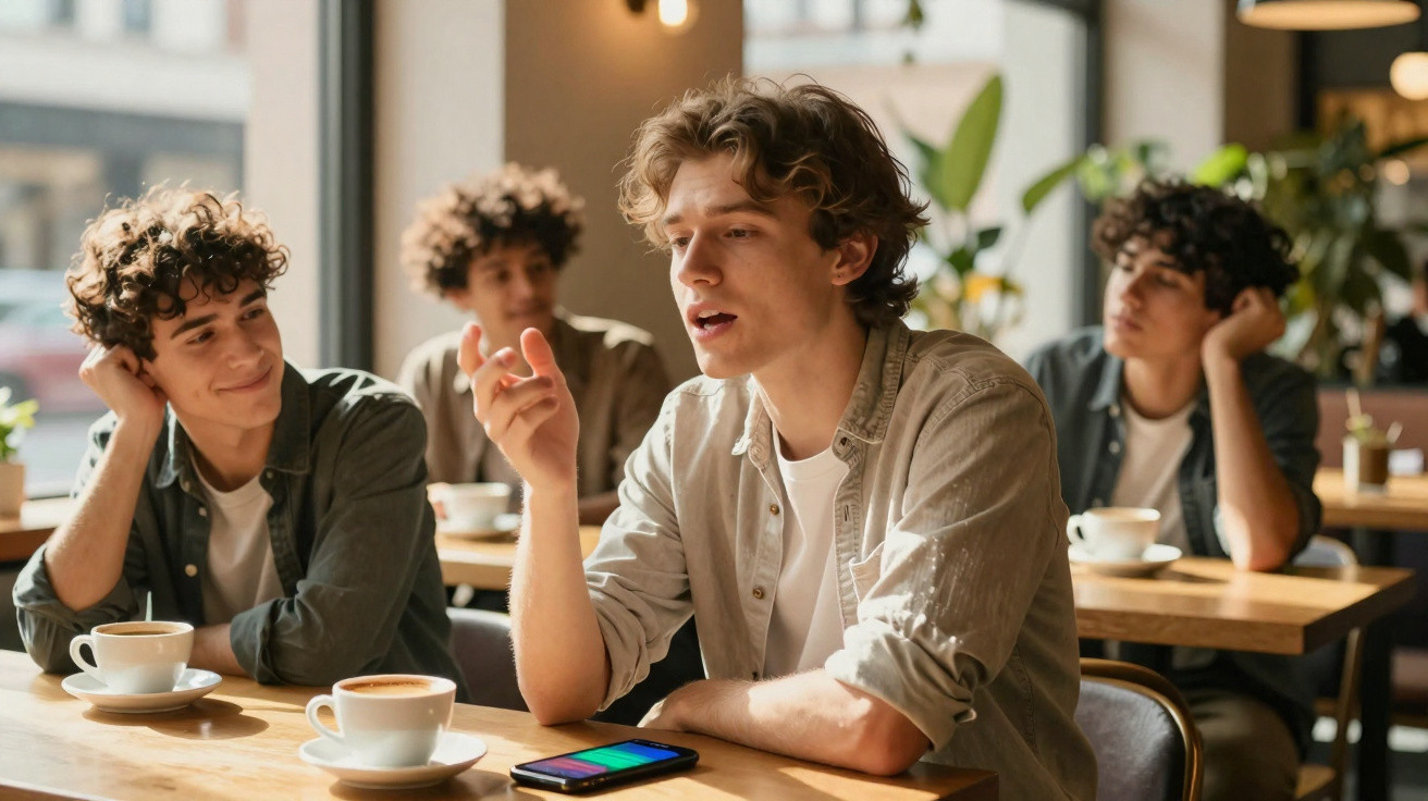 Jovem a falar animadamente numa mesa de café com três pessoas idênticas a ouvir atentamente.