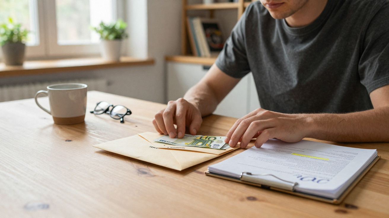 Pessoa a guardar notas de euro num envelope ao lado de documentos num local de trabalho.