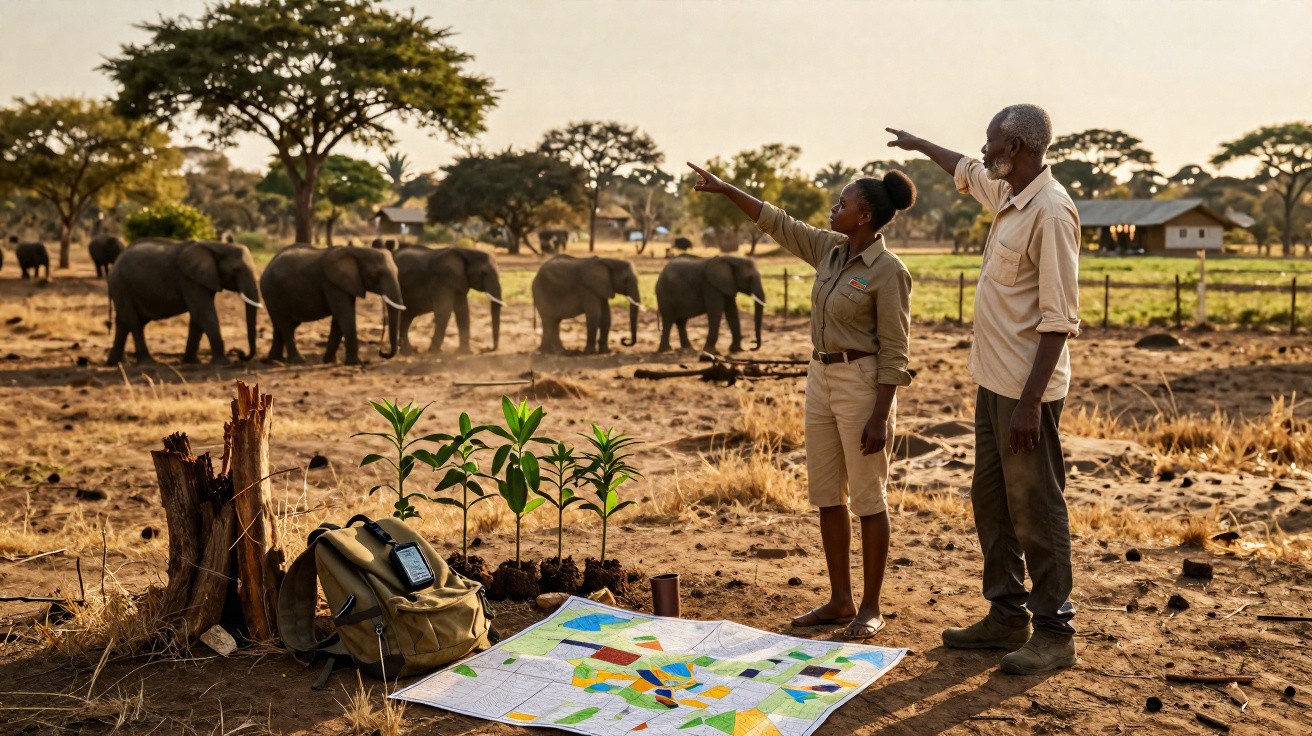 Dois guardas florestais apontam para um grupo de elefantes numa reserva natural com mapa e árvores ao chão.
