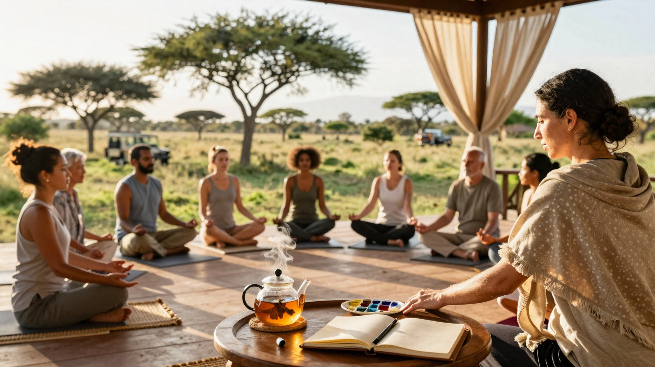 Grupo de pessoas sentadas em círculo a meditar ao ar livre numa varanda com vista para a savana.
