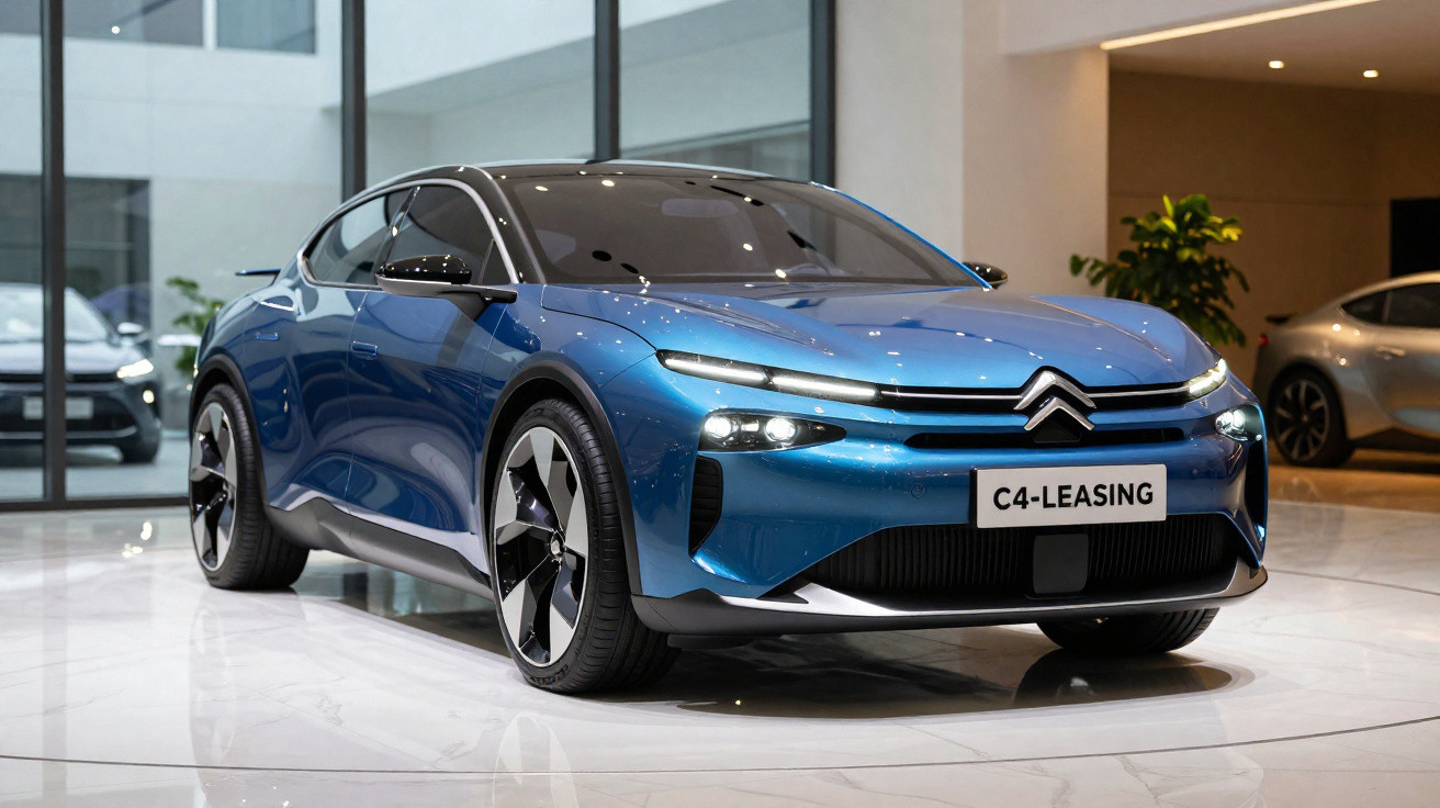 Automóvel moderno Citroën C4 azul com faróis LED exibido em showroom contemporâneo.