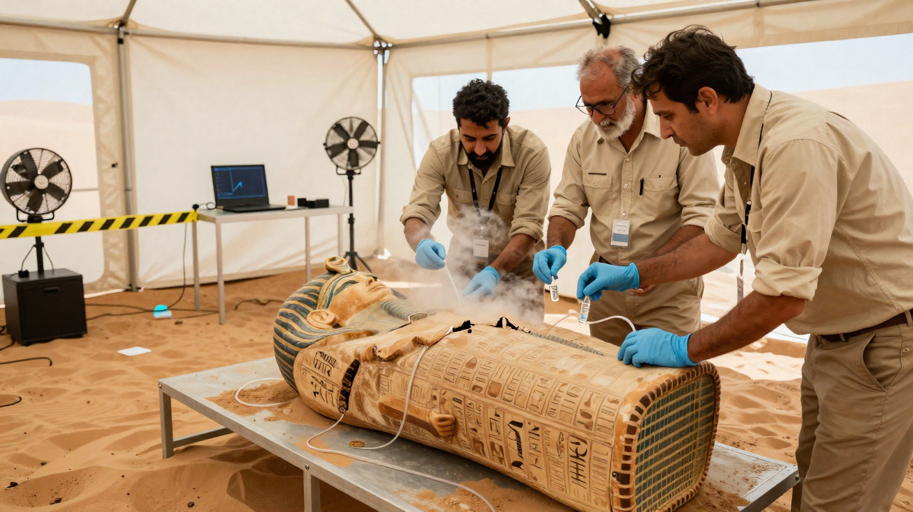 Três arqueólogos com luvas azuis analisam um sarcófago egípcio antigo numa tenda no deserto.