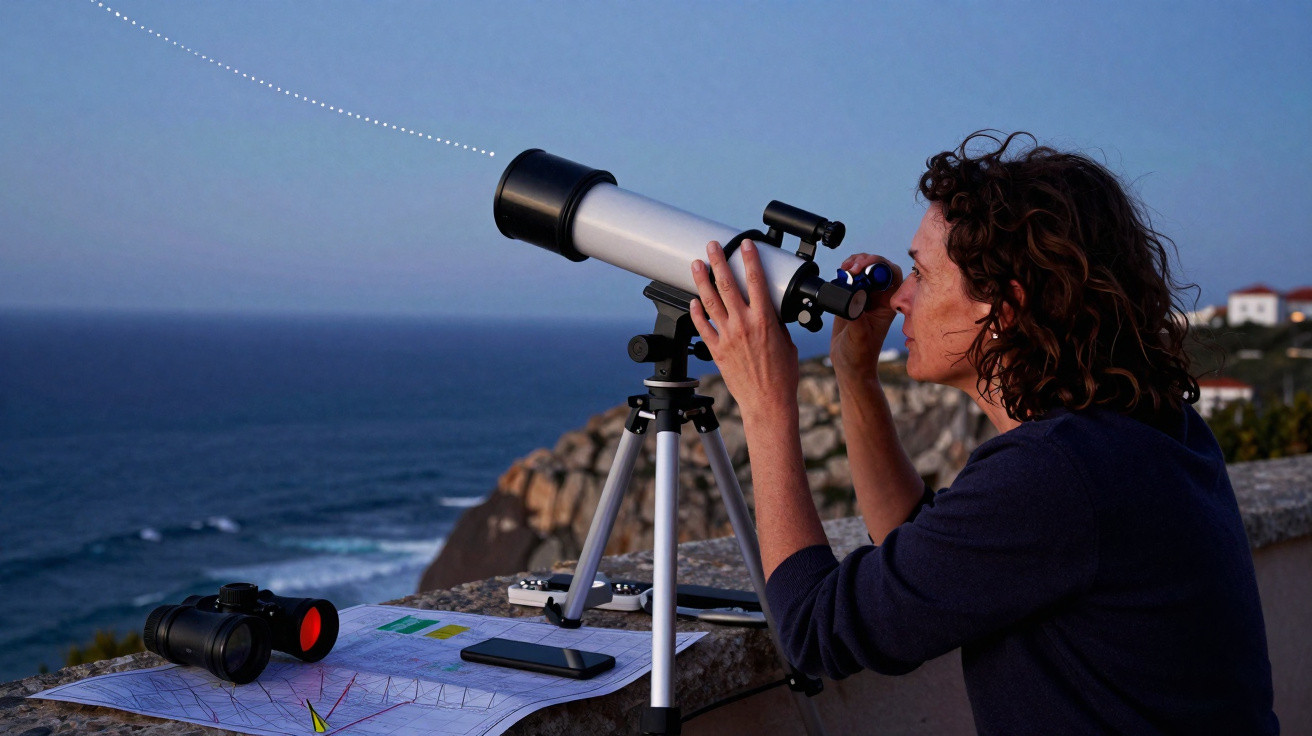 Mulher observa céu ao entardecer com telescópio junto ao mar, binóculos, mapa e telemóvel na mesa.