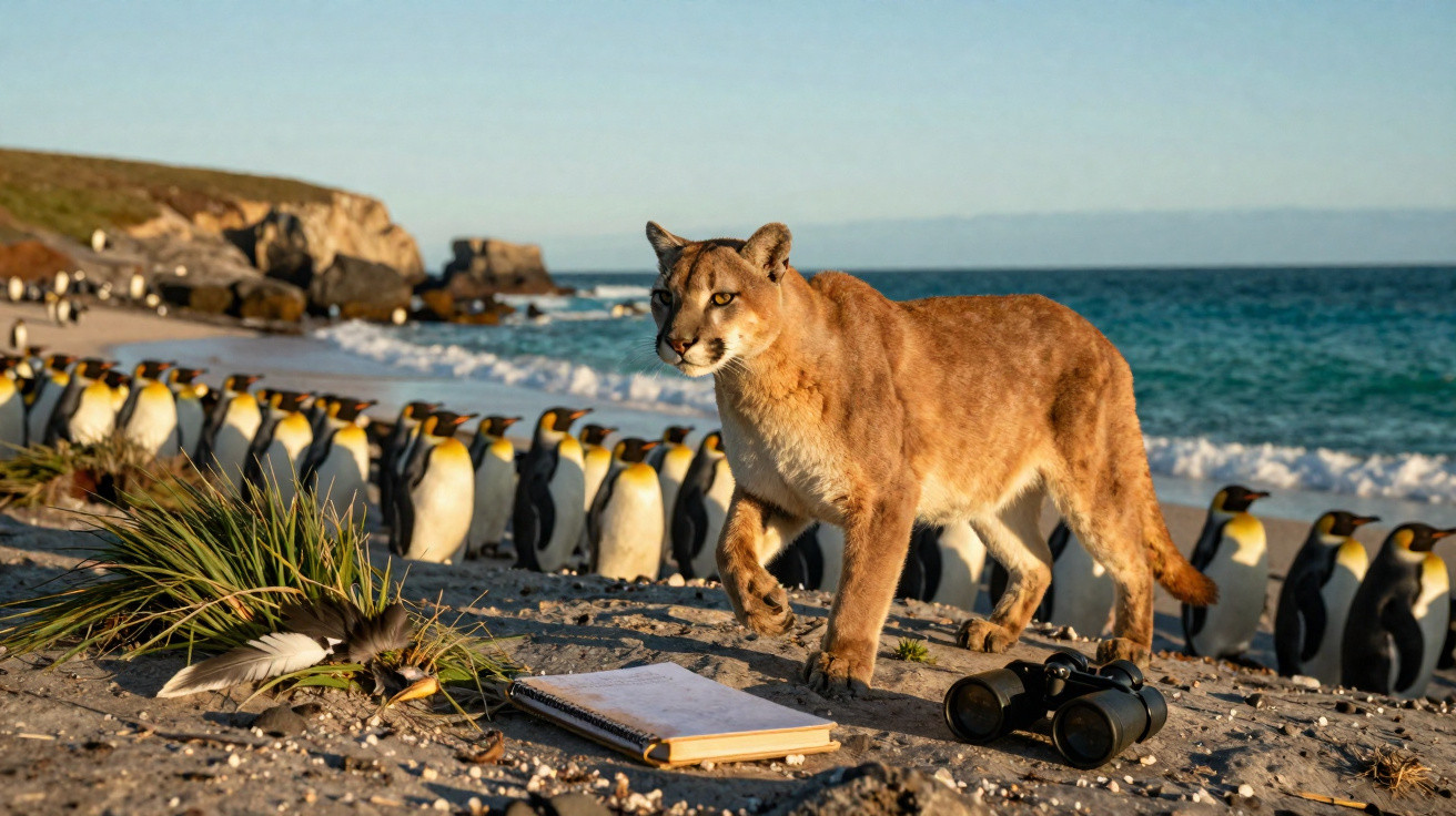 Puma na praia junto a pinguins, com binóculos e caderno em areia perto do mar e dunas rochosas.