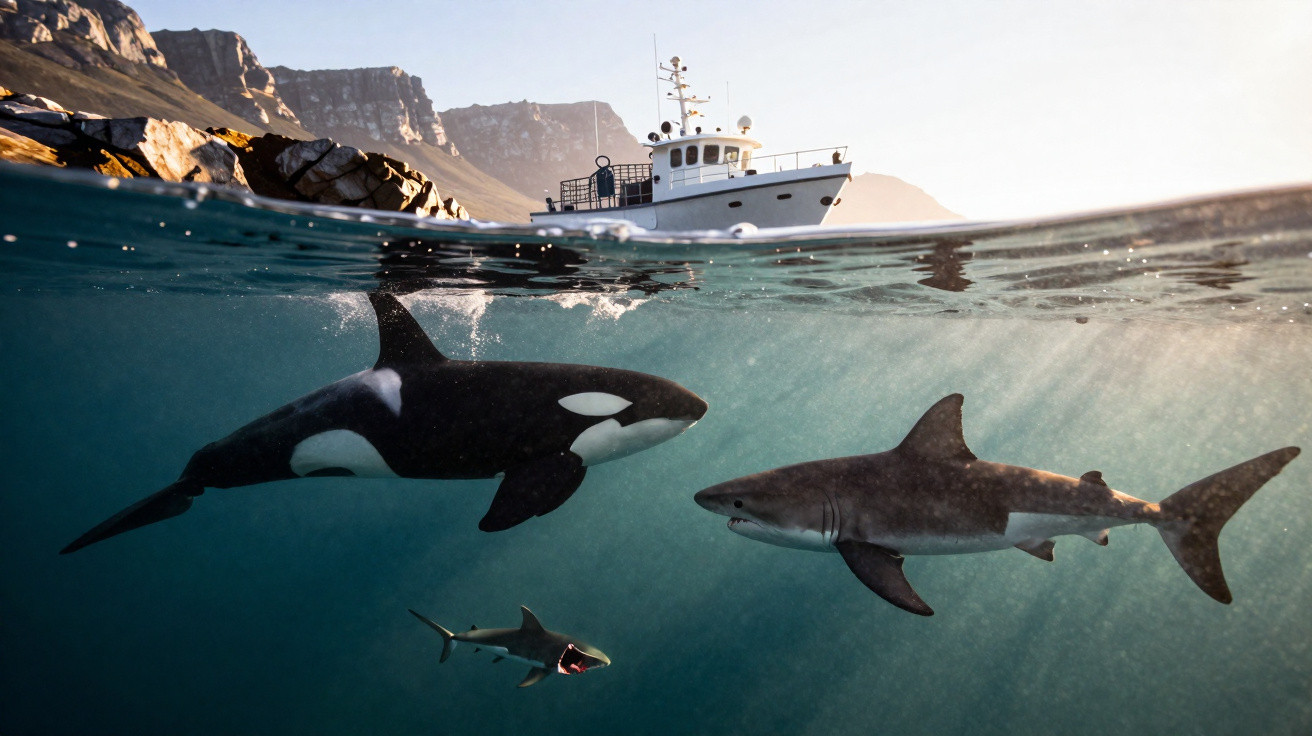Orca e tubarão nadam juntos perto da superfície, com barco e montanhas ao fundo.