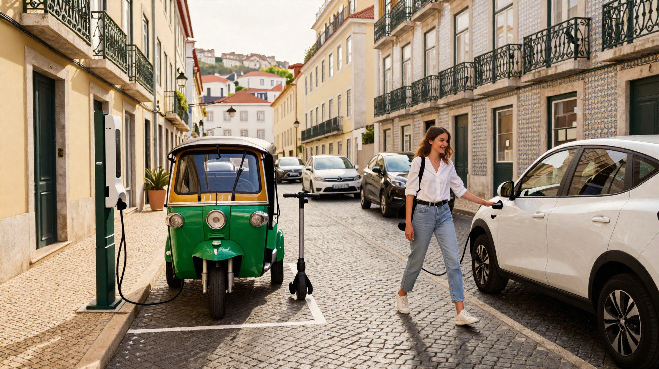 Rua em Lisboa com carro elétrico, tuk tuk verde a carregar e mulher a abrir porta de automóvel branco.