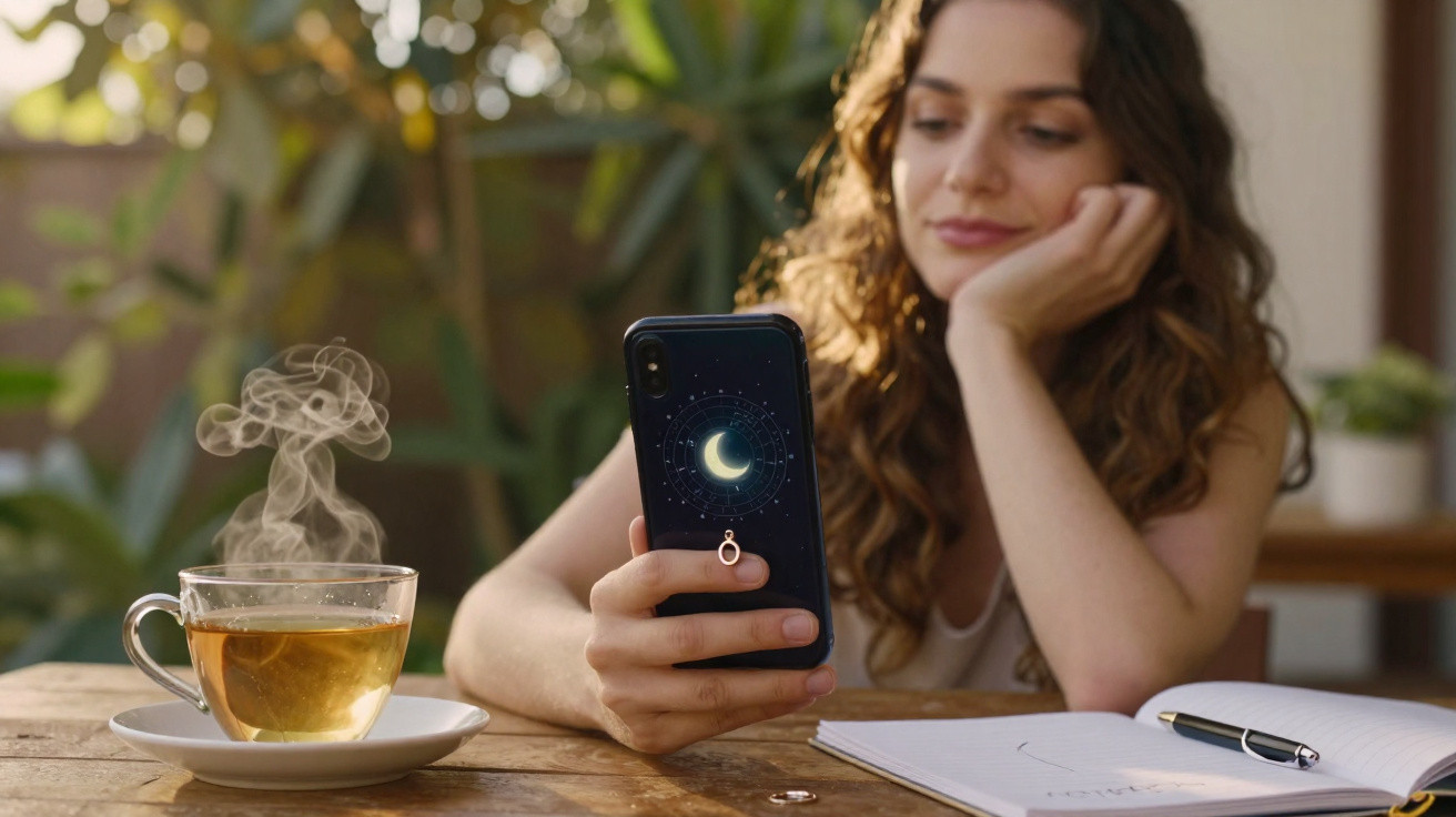 Mulher com cabelo encaracolado a olhar para telemóvel num ambiente exterior com chá quente e caderno à frente.