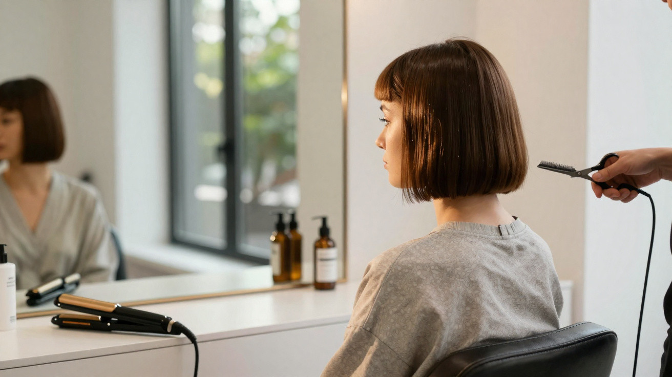 Mulher com cabelo curto sentado na cadeira de cabeleireiro enquanto estilista prepara escova quente.