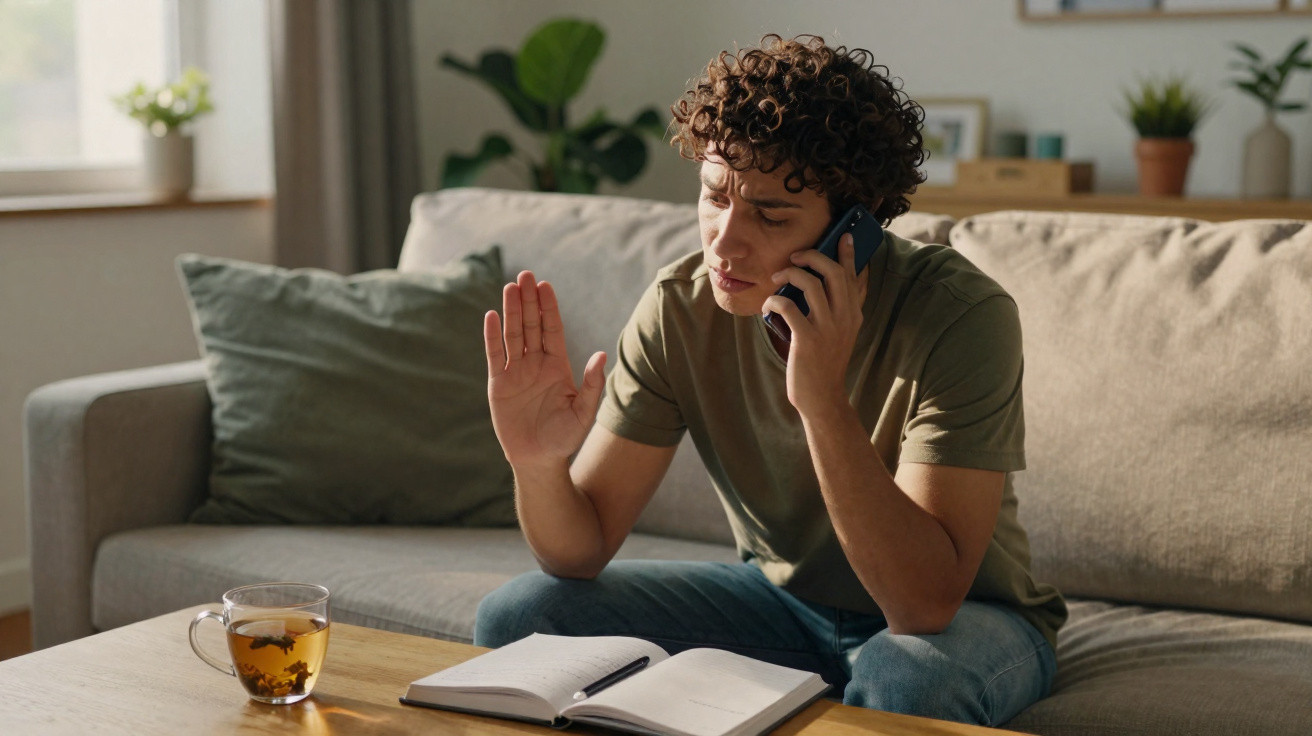 Homem sentado no sofá a falar ao telefone com expressão séria, junto de uma mesa com chá e agenda aberta.