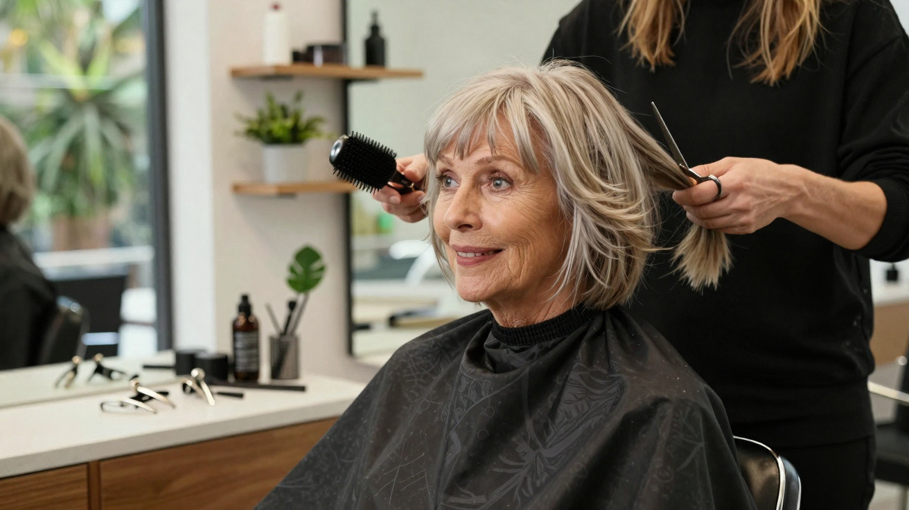 Mulher idosa sorridente a fazer corte de cabelo num salão de cabeleireiro.