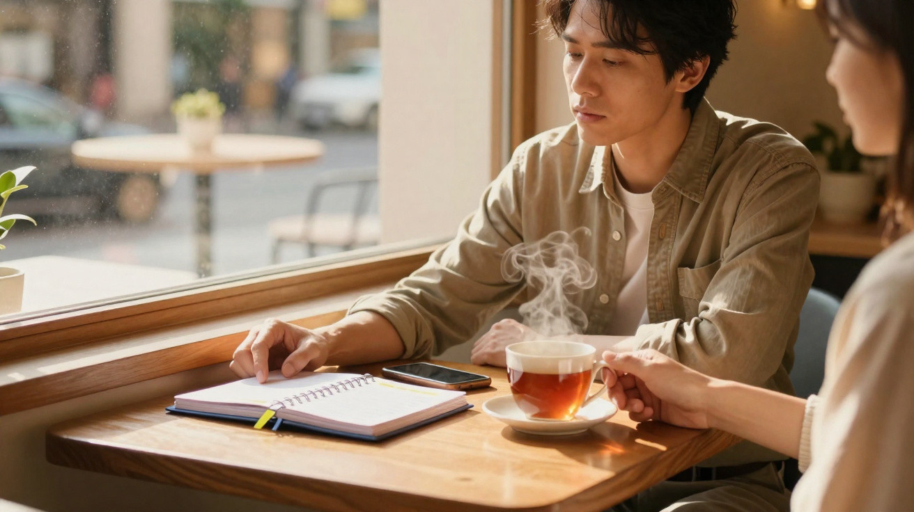 Homem sentado junto à janela num café com chá fumegante e caderno aberto à sua frente.
