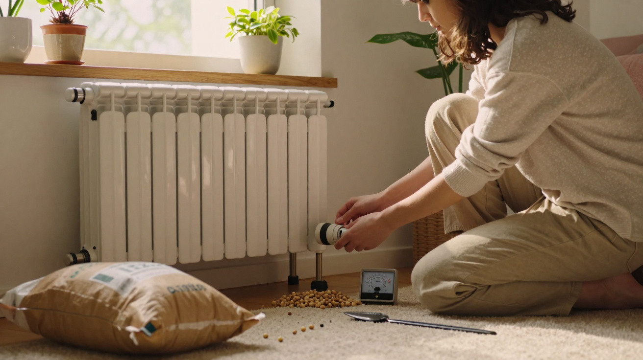 Pessoa ajusta válvula de radiador numa sala iluminada com plantas e saco de pellets no chão.
