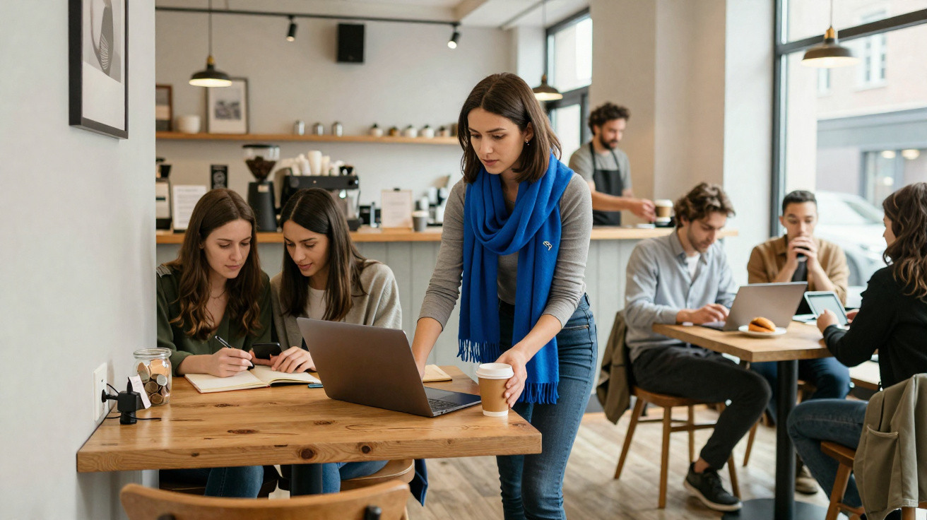 Pessoas a trabalhar e estudar com computadores e café num café moderno e luminoso.
