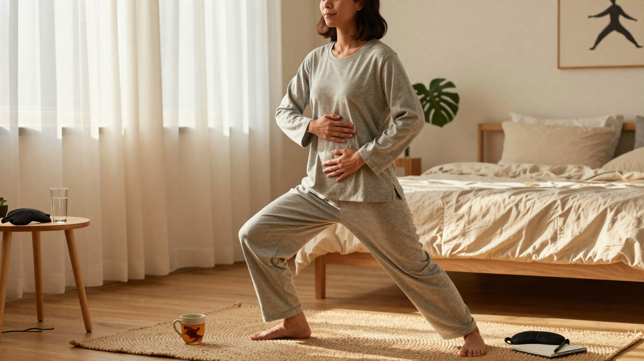 Mulher em roupa confortável a fazer alongamentos numa sala de estar acolhedora com cama e tapete.