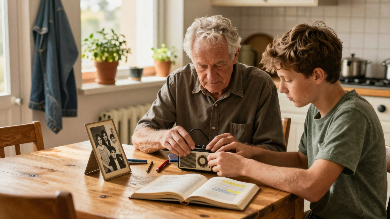 Homem idoso e rapaz sentados à mesa, a mexer numa rádio antiga com livro aberto.