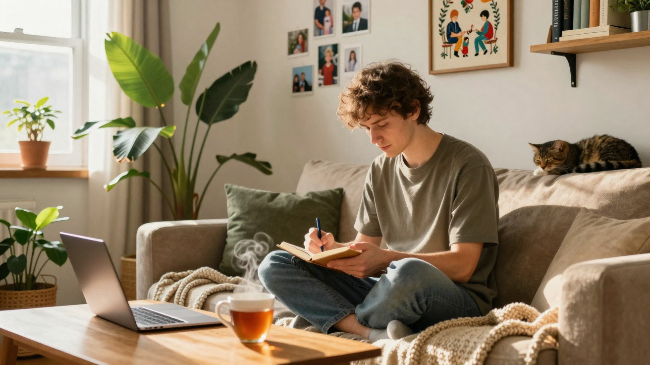 Jovem sentado no sofá a escrever num caderno, com chá na mesa e gato dormindo ao lado.